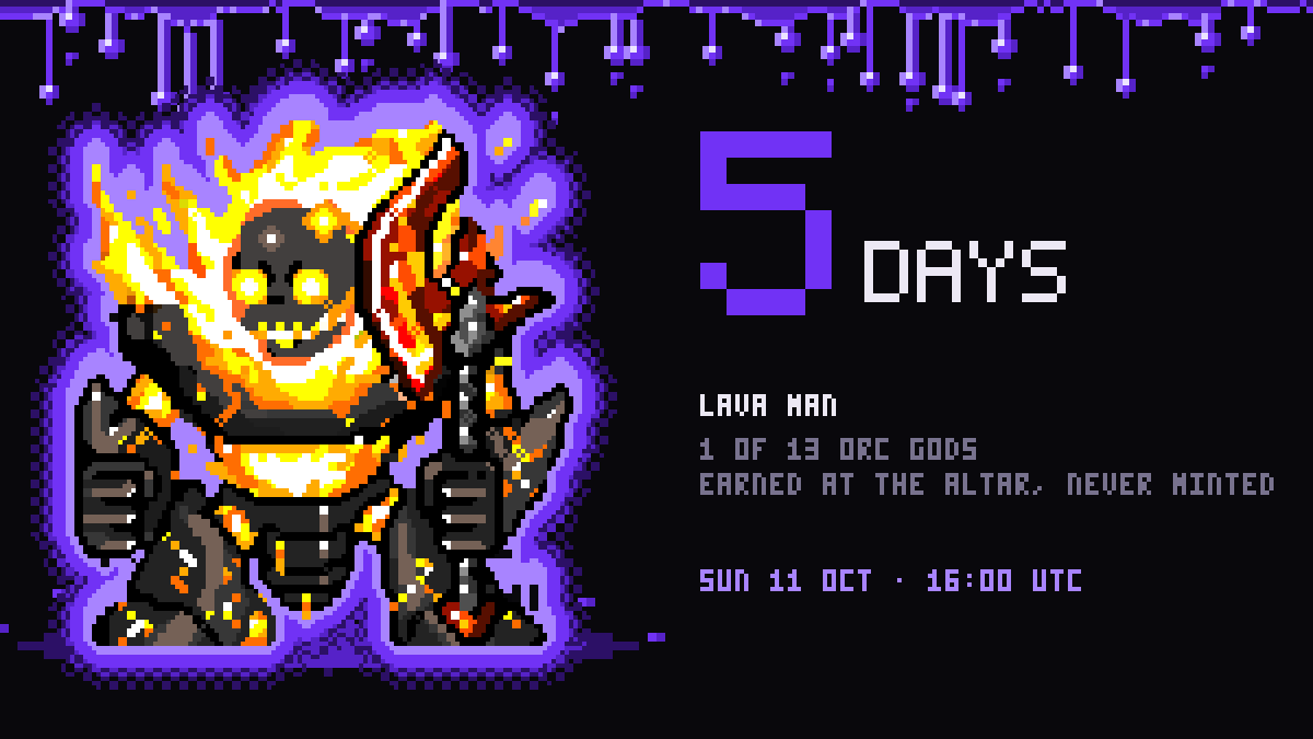 OrcsOnINK's tweet photo. 5 days until mint.

The mines have granted 100 more seats, claim yours now.

Lava Man. https://t.co/0oQsXpKXyx