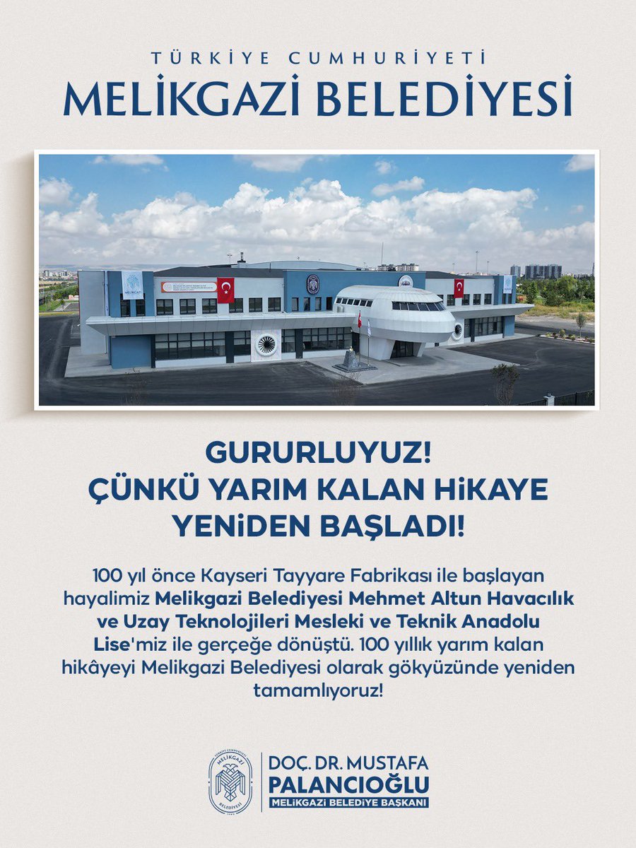 DrPalancioglu's tweet photo. Bir ülkenin umudu, gökyüzüne duyulan bir sevda, kanatlanan bir hayalin yarınlara taşıdığı büyük bir inanç… 🚀✨

100 yıl önce yanan havacılık meşalesi, bugün Melikgazi Belediyesi Mehmet Altun Havacılık ve Uzay Teknoloji Mesleki ve Teknik Anadolu Lisemizle yeniden alevleniyor! ✈️🇹🇷

Atalarımızın gönül verdiği o gökyüzü için aynı aşk ve aynı heyecanla…🇹🇷🇹🇷🇹🇷
