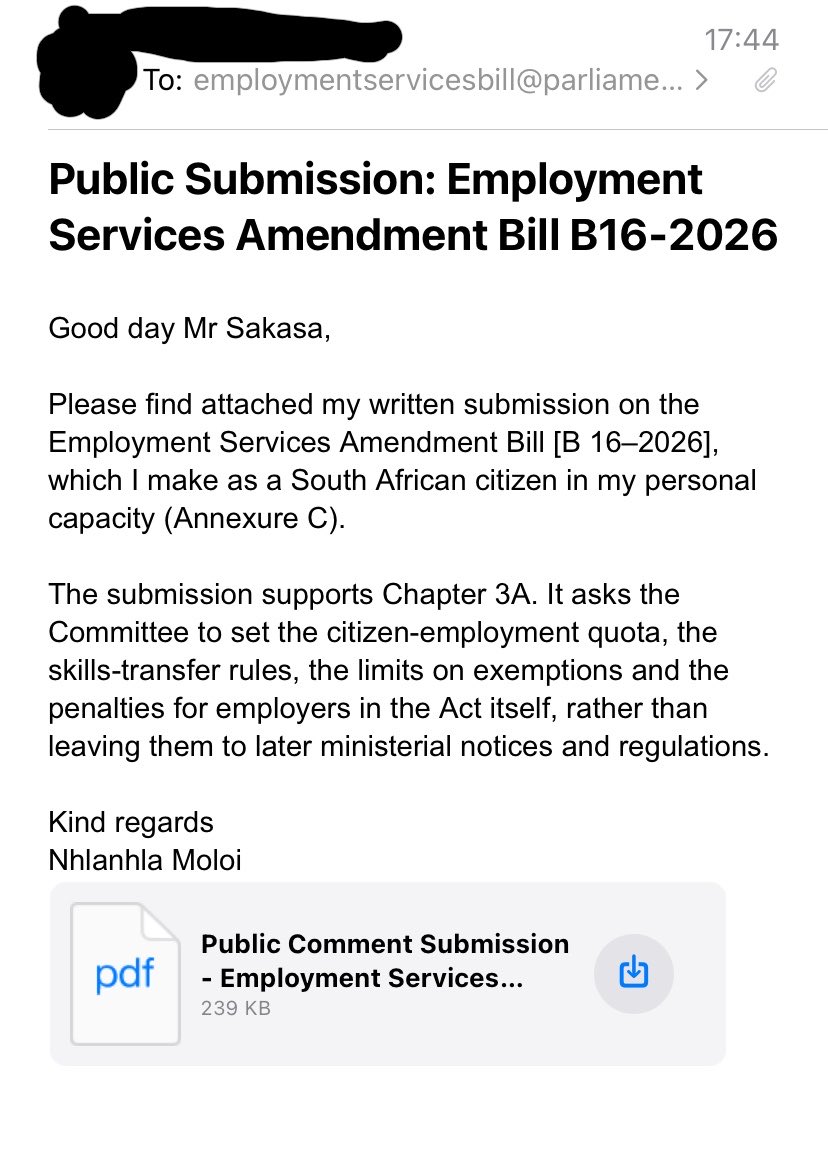 JakesPlyth's tweet photo. I’m back as promised.

Citizens, the Employment Services amendment bill is VERY WEAK!

NEW LOOPHOLES CREATED:
Foreign nationals goes undefined &amp; asylum seekers will enjoy citizen rights for jobs. Minister has more powers.

Download, fill &amp; submit to Parly: https://t.co/MF9B8WswZm https://t.co/dv3RB8kkdA