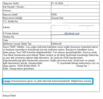 portfoyhedef's tweet photo. #TMV Fonu mağduru, ödeme talebiyle #TMSF’ye başvurdu. TMSF’nin yanıtı:

“Kurumumuzun görev ve yetki alanında bulunmamaktadır. Bilgilerinize sunulur.” https://t.co/83UrD8lXYh
