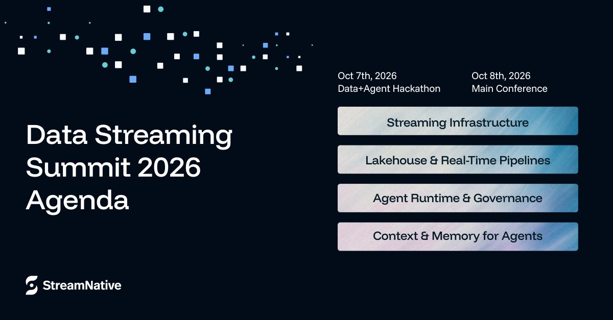 apache_pulsar's tweet photo. 🚀 Data Streaming Summit 2026 kicks off tomorrow with the Data+Agent Hackathon in San Francisco!
Builders will spend the day creating real-time agent applications, competing for prizes, and exploring what’s possible when streaming data meets AI agents.

Then on Oct. 8, DSS continues with a full day of keynotes, technical sessions, fireside chats, and 4 tracks covering:
- Streaming Infrastructure 
- Lakehouse & Real-Time Pipelines 
- Context & Memory for Agents 
- Agent Runtime & Governance

Hear from speakers across OpenAI, Databricks, Ververica, RisingWave, StreamNative & more.
📍 Hotel Nikko San Francisco

🎟️ There’s still time to join us: https://t.co/CA9gd7LMvL

#DSS2026 #DataStreaming #AIAgents #RealTimeData