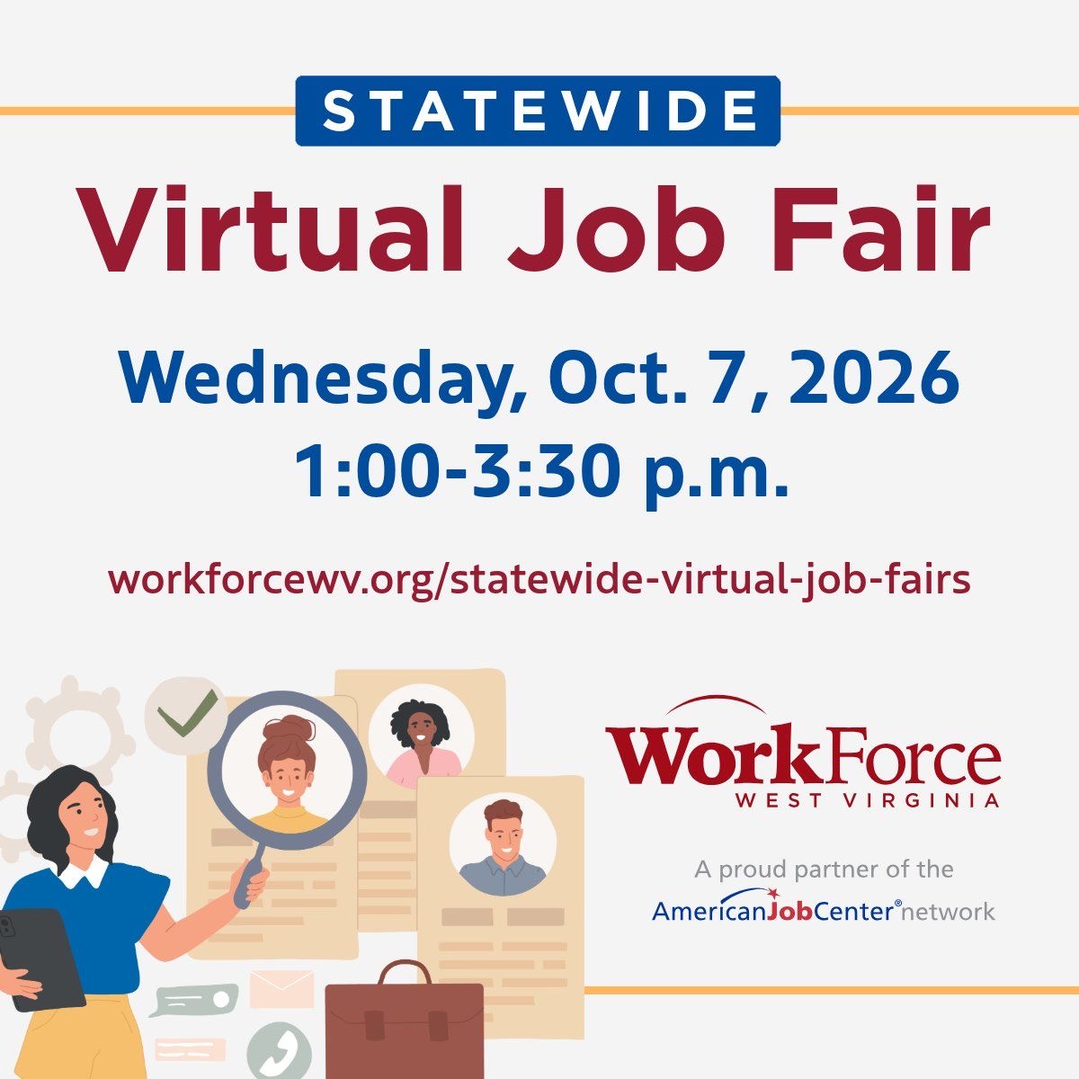 workforcewv's tweet photo. 📣 Reminder! Join us for the October 7 Statewide Virtual Job Fair happening tomorrow from 1-3:30 p.m.! Register here and find your next career! https://t.co/vtyr3aQ2qO https://t.co/1SZUxrkYDY