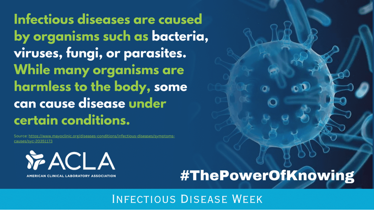 ACLAlabs's tweet photo. From bacteria and viruses to fungi and parasites, clinical laboratory testing can help identify the organisms responsible for infectious diseases and guide care. Learn more during #InfectiousDiseaseWeek: https://t.co/4CEIqXMgtN. #ThePowerofKnowing https://t.co/Bx30ivtEZO