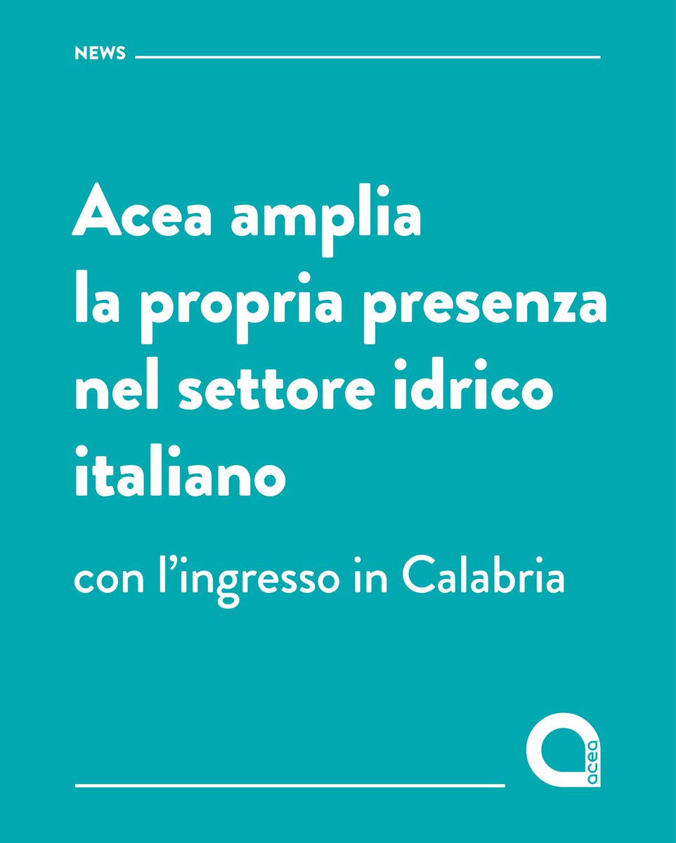 AceaGruppo's tweet photo. Ampliamo la nostra presenza nel settore idrico italiano ed entriamo per la prima volta in Calabria con l’acquisizione dell’80% di Kratos S.c.a r.l., società concessionaria del servizio di collettamento e depurazione dell’area Cosenza-Rende. Geko S.p.A. manterrà il 20%.

L’operazione interessa un territorio di 25 comuni, con circa 200 mila abitanti residenti e oltre 119 chilometri di reti fognarie e di collettamento.

«Con l’acquisizione di Kratos, portiamo in Calabria le nostre competenze, il nostro know-how e un modello industriale orientato all’efficienza e alla qualità del servizio», dichiara Enrico Pezzoli, Amministratore Delegato di Acea Acqua.

Con questo ingresso, la presenza di Acea nel settore idrico si estende a nove regioni italiane, raggiungendo circa 11 milioni di persone servite.

Leggi il comunicato stampa 🔗 https://t.co/NsT3gWh1EP

#Acea #AceaAcqua
