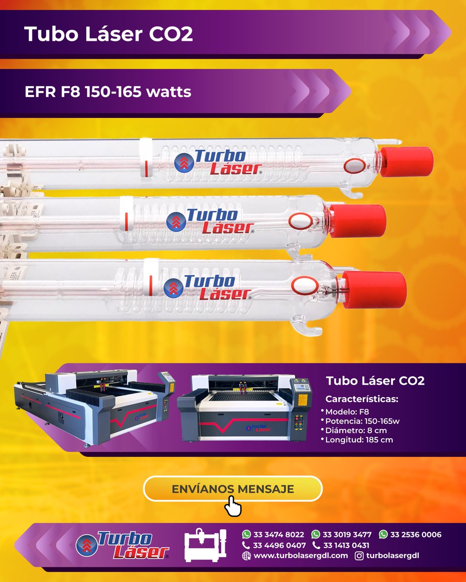 turbolasergdl's tweet photo. Los tubos láser RECI modelo F8 de 150-165 watts te brindarán la mejor calidad de corte y grabado para todos tus proyectos.
#TurboLaser #TuboLaser #Laser #CO2 #LaserCO2 https://t.co/f8ym1VK4K4