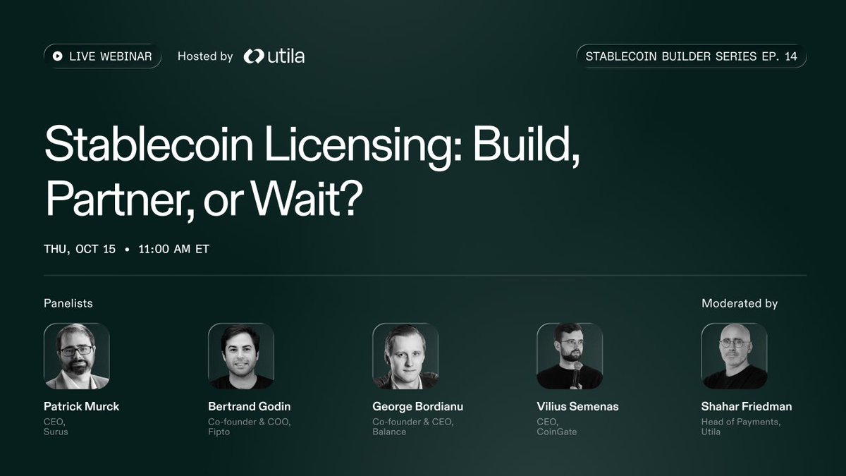 Surus_io's tweet photo. Launching a stablecoin? Should you build with a licensed partner, get licensed, or wait? 

On Thurs 10/15, Our CEO @virtuallylaw (Patrick Murck) joins leaders from @FiptoHQ , Balance and @CoinGatecom on @utila_io's Stablecoin Builder Series on stablecoin licensing, moderated by @fshahar1. 

Register 👇