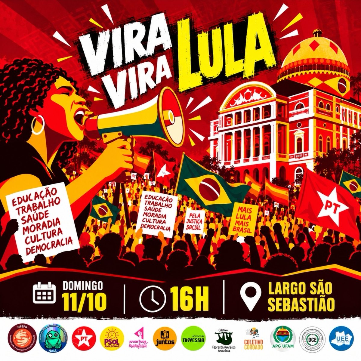 levyyuki_'s tweet photo. 🔥 VIRA, VIRA LULA!
Manaus vai às ruas! Neste domingo (11/10), às 16h, o encontro é no Largo São Sebastião para um grande ato em defesa da democracia, da cultura, dos direitos sociais e de um Brasil soberano.
📍 Largo São Sebastião
🗓️ Domingo, 11/10
⏰ 16h https://t.co/YztYF0wGYF