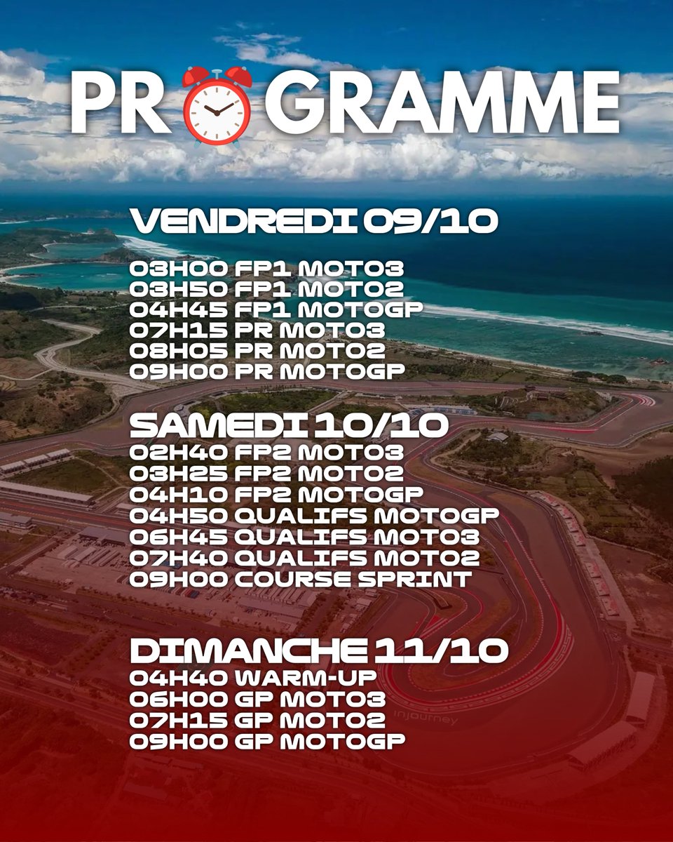 WGP_Magazine's tweet photo. RACEWEEK / #17 - Indonésie

Après le Japon, cap sur une autre île d'Asie, cette fois-ci celle de Lombok. 🌴

Pour ne rien manquer et être à l'heure sur chaque séance : demandez le programme ! ⏰

#IndonesianGP
#RaceWeek
#MotoGP https://t.co/8lwSOgEG7M
