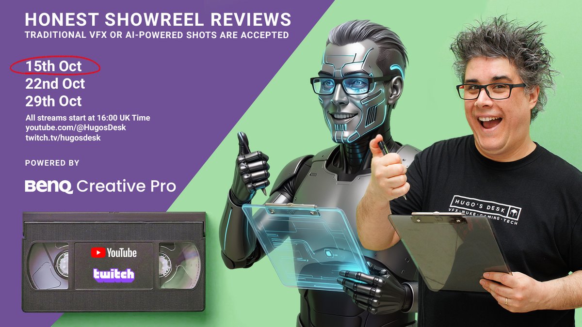 HugoCGuerra's tweet photo. The Honest Showreel Reviews are back with a new format! Traditional VFX or AI-powered shots are accepted! I will review any type of shot and give you my honest opinion. Stream brought to you by @BenQEurope Creative Pro. Next stream 15th Oct 16:00 UK time: https://t.co/WlNDlVtyuo https://t.co/qJdvyUUSUM