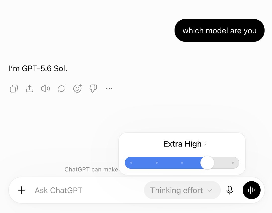 eyadnour's tweet photo. Quick heads-up: when you're in regular ChatGPT, even on a Pro plan with xhigh reasoning selected, you're actually talking to GPT-5.6 Sol, not GPT-6 Astra or GPT-6.1 Sol.

In chat mode, Astra is only available as the separate GPT-6 Pro option. If you want regular GPT-6 Astra (or GPT-6.1 Sol) with selectable reasoning, that's only limited to Work mode and Codex.