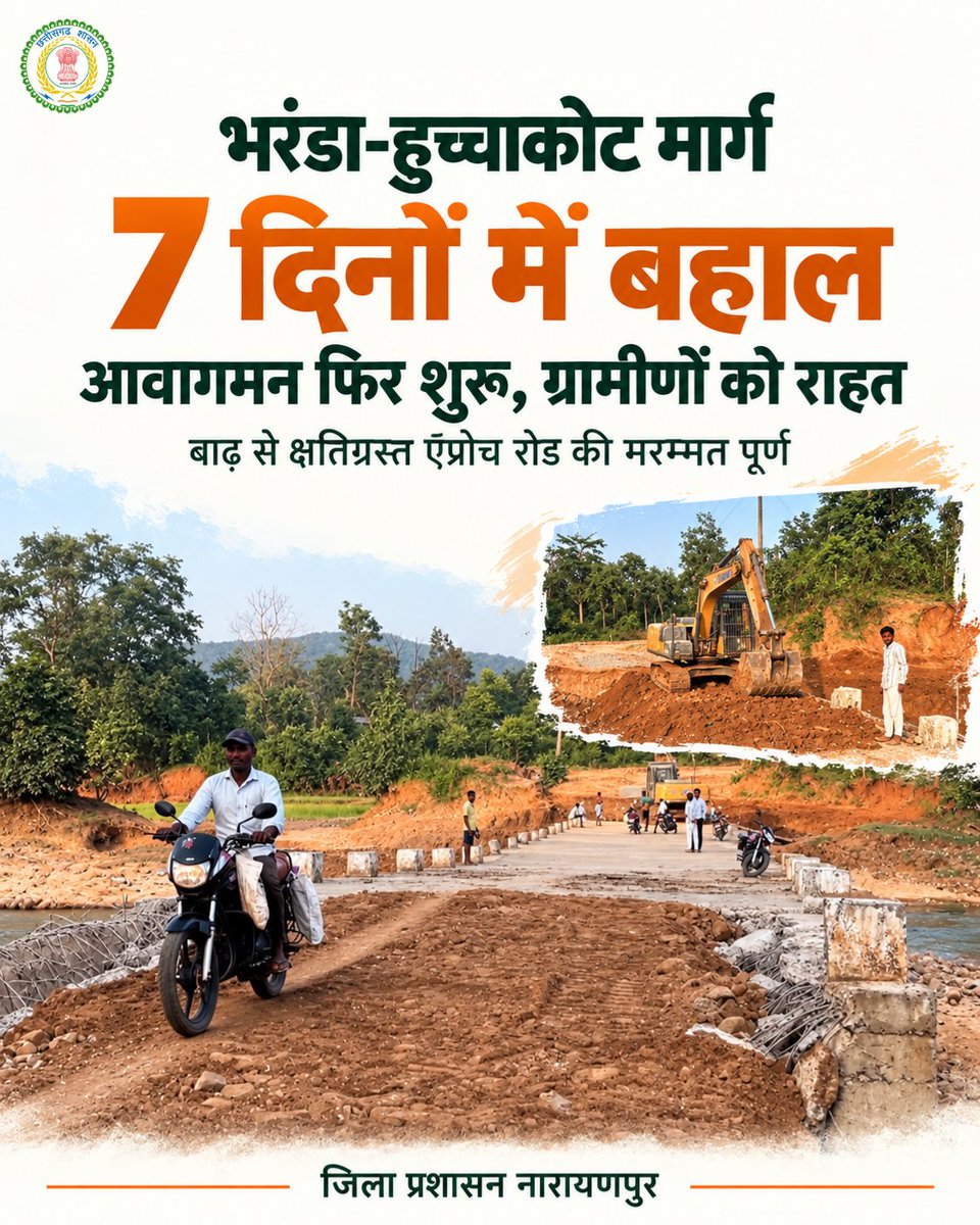 NarayanpurDist's tweet photo. बाढ़ से क्षतिग्रस्त भरंडा-हुच्चाकोट मार्ग 7 दिनों में बहाल, ग्रामीणों को मिली राहत
कलेक्टर श्रीमती नम्रता जैन के निर्देश पर लोक निर्माण विभाग ने बाढ़ से क्षतिग्रस्त भरंडा-हुच्चाकोट मार्ग की मरम्मत कर महज 7 दिनों में आवागमन बहाल किया।
#Narayanpur #Abhujhmaad #Maad https://t.co/OufA5n0pFC