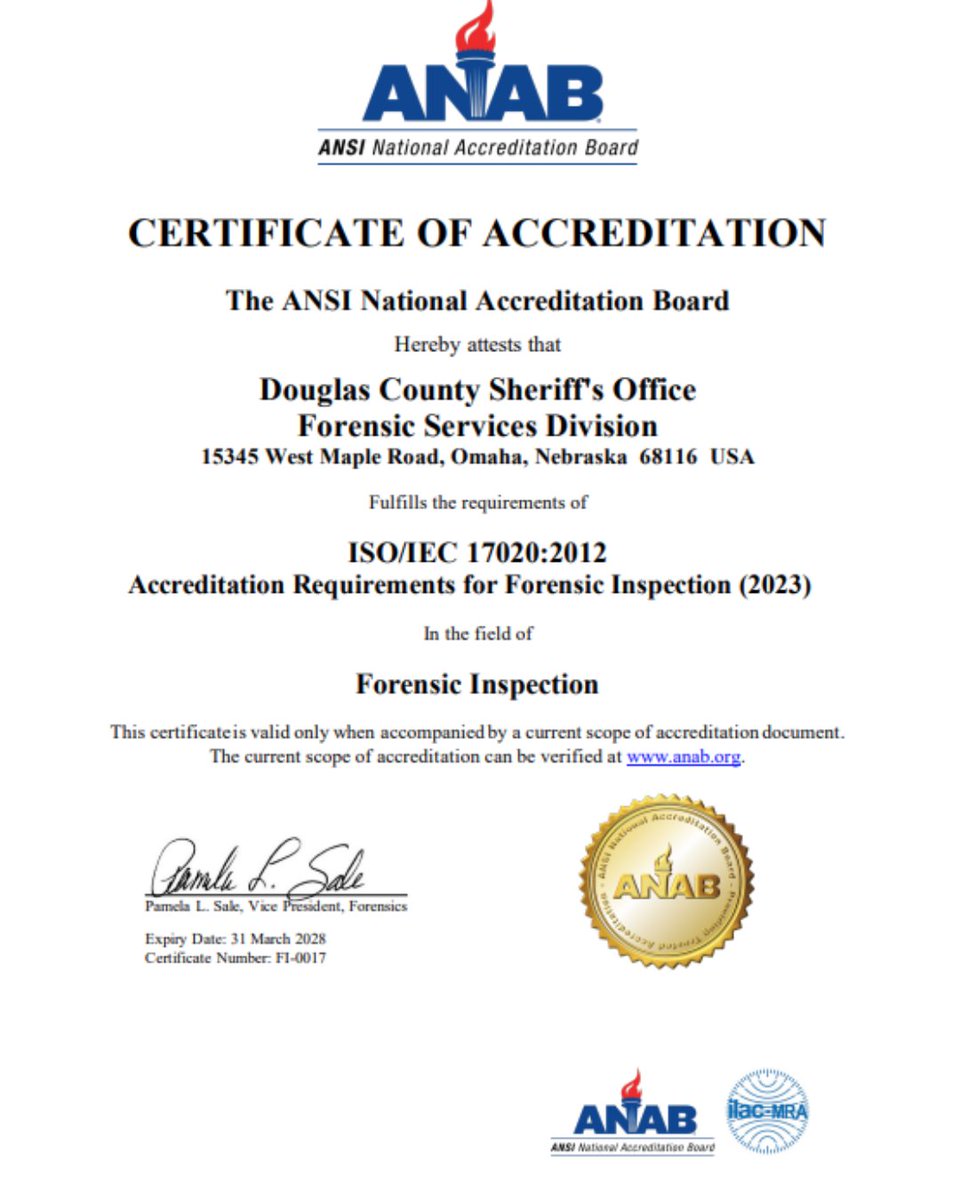 DCSheriffNE's tweet photo. The Forensic Services Division has maintained its forensic accreditation for 10 years as of this month! This significant milestone reflects our commitment to quality, integrity, and excellence. This achievement would not have been possible without each FSD employee's attention to detail, consistency, and commitment to continuous improvement. Thank you to everyone in the Forensic Service's Division for their hardwork!