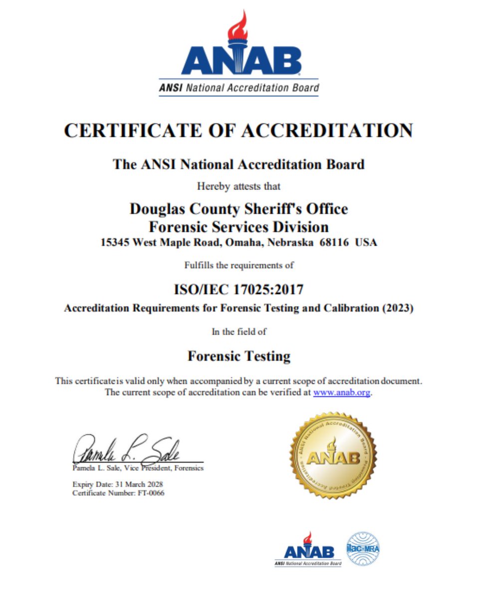DCSheriffNE's tweet photo. The Forensic Services Division has maintained its forensic accreditation for 10 years as of this month! This significant milestone reflects our commitment to quality, integrity, and excellence. This achievement would not have been possible without each FSD employee's attention to detail, consistency, and commitment to continuous improvement. Thank you to everyone in the Forensic Service's Division for their hardwork!