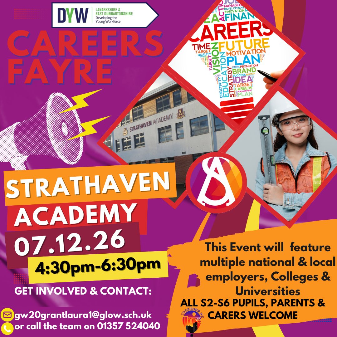 DYWLED's tweet photo. 📣 Calling  our @DYWLED network.

📅 @StrathavenAcad is holding a Careers Fayre on the 7th of December, to help prepare our young people for their future.

✅ We're inviting Colleges, Uni's, employers, &amp; partners to attend. Get involved &amp; contact the @StrathavenAcad DYW team. 📩 https://t.co/jRVwVetcGk