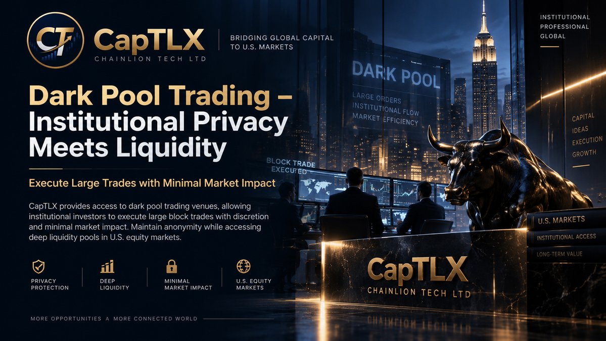 summerbreezedee's tweet photo. Dark pool trading on CapTLX lets institutions execute large block trades with complete discretion. Access deep U.S. equity liquidity while minimizing market impact and protecting your strategy from prying eyes. Institutional privacy, meet institutional scale.
#CapTLX #CHAINLIONTECHLTD #PrimaryMarket #InstitutionalTrading #BlockTrade #QuantStrategy