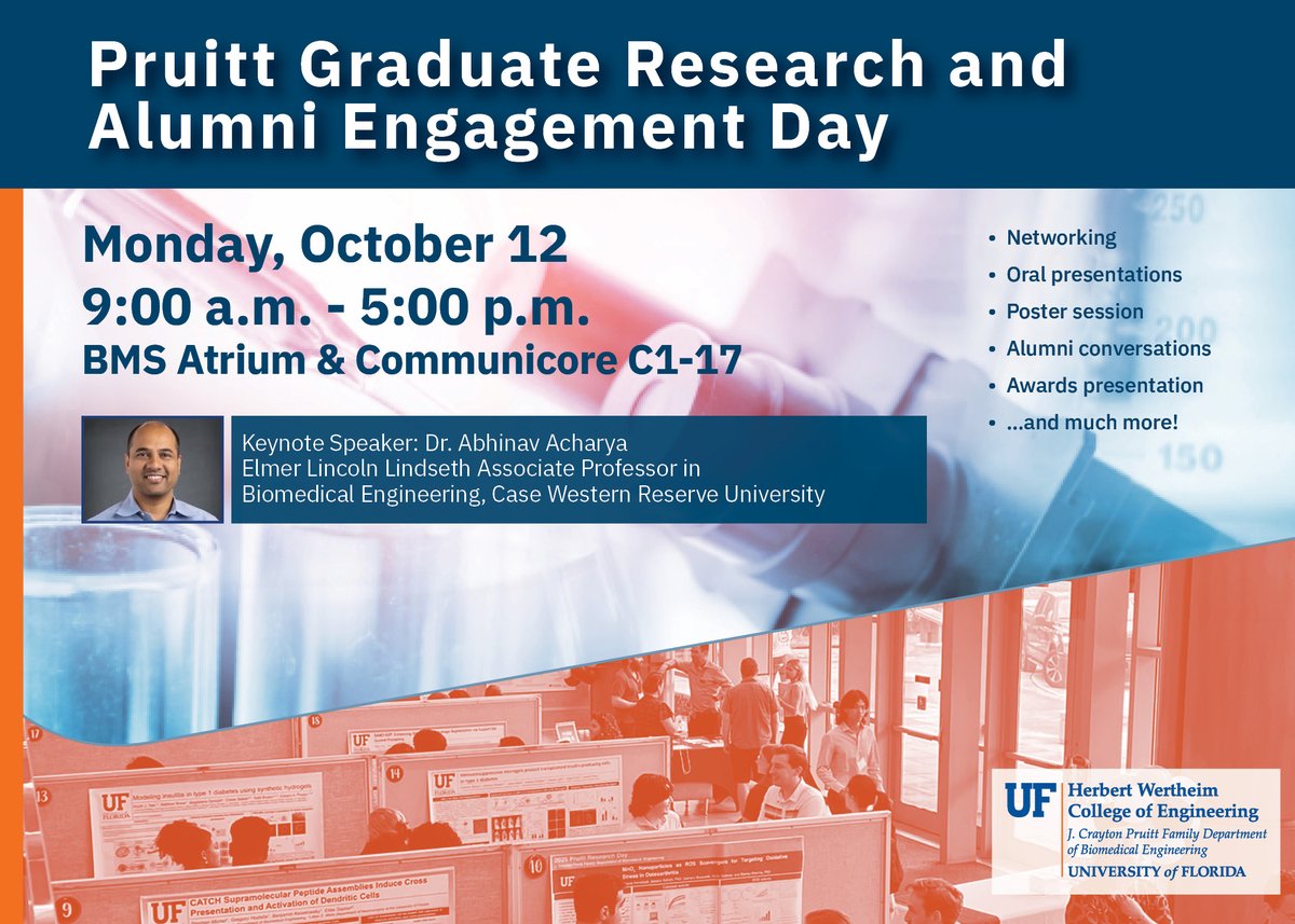 UFBME's tweet photo. Join UF BME for Pruitt Graduate Research and Alumni Engagement Day! Celebrate graduate research with presentations, alumni conversations, networking and more.

📅 Oct. 12 | 9 a.m. to 5 p.m.
📍 BMS Atrium &amp; Communicore C1-17 https://t.co/s5LGWh9u3m