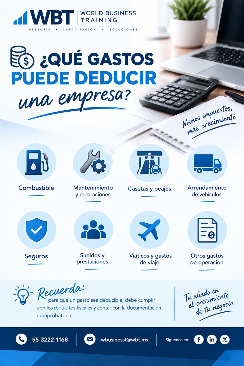 WorldBusinessT3's tweet photo. 💰 ¿Qué gastos puede deducir una empresa?
⛽ Combustible
🔧 Mantenimiento
🛣️ Casetas
🚛 Arrendamiento
🛡️ Seguros
👥 Sueldos
✈️ Viáticos

📌 La deducibilidad depende de cumplir los requisitos fiscales y contar con la documentación correspondiente.

#WBT #DeduccionesFiscales https://t.co/1SRKbC5YHF