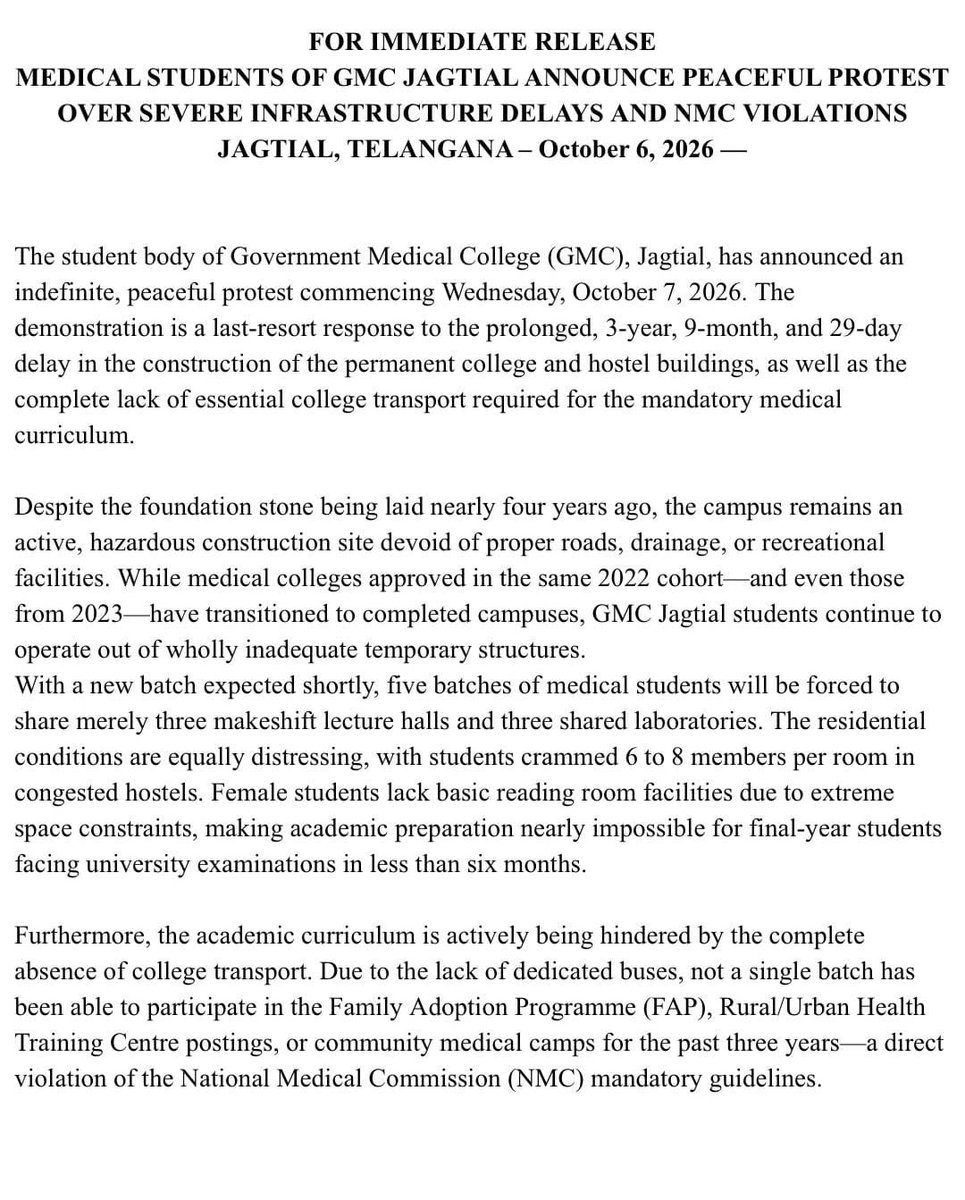 FAIMA_INDIA_'s tweet photo. 🚨 FAIMA stands with the students of GMC Jagtial Telangana. 

For 4 years, students have been pursuing their medical education without a permanent college building, alongside inadequate hostels, laboratories, transport, mess/food and other basic facilities.

These are not privileges. They are the minimum requirements for quality medical education.

The students are beginning a peaceful protest from 07/10/2026, seeking immediate action on their genuine demands.

Medical students deserve classrooms, labs and hostels—not compromises.
Quality medical education cannot be built on inadequate infrastructure.

FAIMA urges the concerned authorities to address these issues at the earliest and ensure GMC Jagtial students receive the infrastructure and facilities they deserve.

#FAIMA #GMCJagtial #MedicalEducation #MedicalStudents #Telangana #Infrastructure
