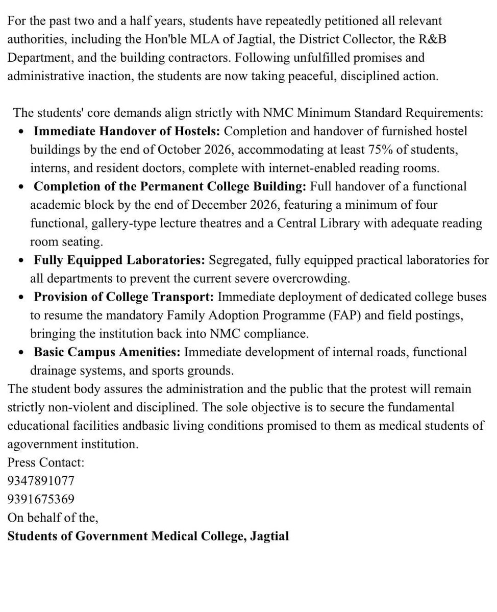 FAIMA_INDIA_'s tweet photo. 🚨 FAIMA stands with the students of GMC Jagtial Telangana. 

For 4 years, students have been pursuing their medical education without a permanent college building, alongside inadequate hostels, laboratories, transport, mess/food and other basic facilities.

These are not privileges. They are the minimum requirements for quality medical education.

The students are beginning a peaceful protest from 07/10/2026, seeking immediate action on their genuine demands.

Medical students deserve classrooms, labs and hostels—not compromises.
Quality medical education cannot be built on inadequate infrastructure.

FAIMA urges the concerned authorities to address these issues at the earliest and ensure GMC Jagtial students receive the infrastructure and facilities they deserve.

#FAIMA #GMCJagtial #MedicalEducation #MedicalStudents #Telangana #Infrastructure