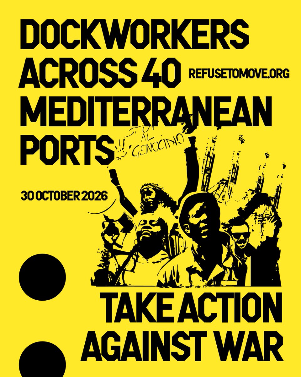 ProgIntl's tweet photo. NEW ⛓️‍💥 On 30 October, dockworkers across 40 Mediterranean ports will take coordinated action against militarisation.

They refuse to let NATO, the US and the EU turn their ports into outposts for a war economy that devours public resources and visits destruction abroad. https://t.co/9ysc6fqe7P
