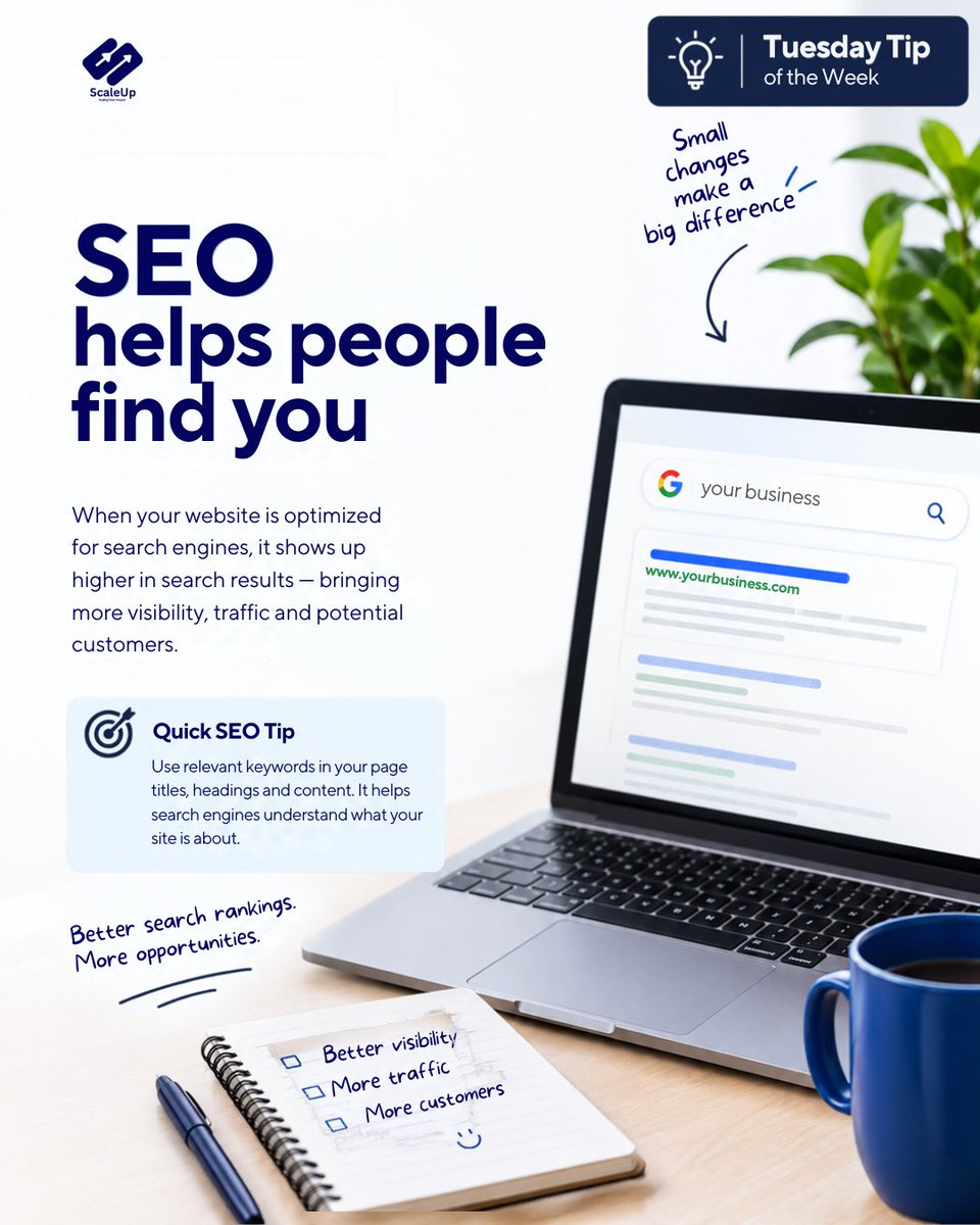 Scaleupfound's tweet photo. Tuesday Tip 💡
Want more people to find your business online?
Don’t overlook SEO.
Use relevant keywords in your website content, titles, and headings to improve your visibility in search results.
What’s one SEO tip you’d like us to break down next?
#TuesdayTip #SEO #ScaleUp https://t.co/crkcMqwWzc