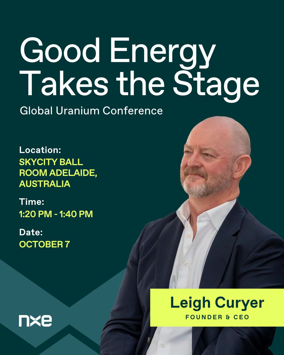 NexGenEnergy_'s tweet photo. The future of energy is taking shape in Adelaide.

NexGen CEO Leigh Curyer will speak at the Global Uranium Conference on Wednesday, October 7, sharing perspectives on uranium, growing global energy demand and the opportunity ahead.

Join Leigh from 1:20 to 1:40 p.m. at the SkyCity Ballroom.

$NXE $NXG #GlobalUraniumConference #Uranium #GoodEnergy