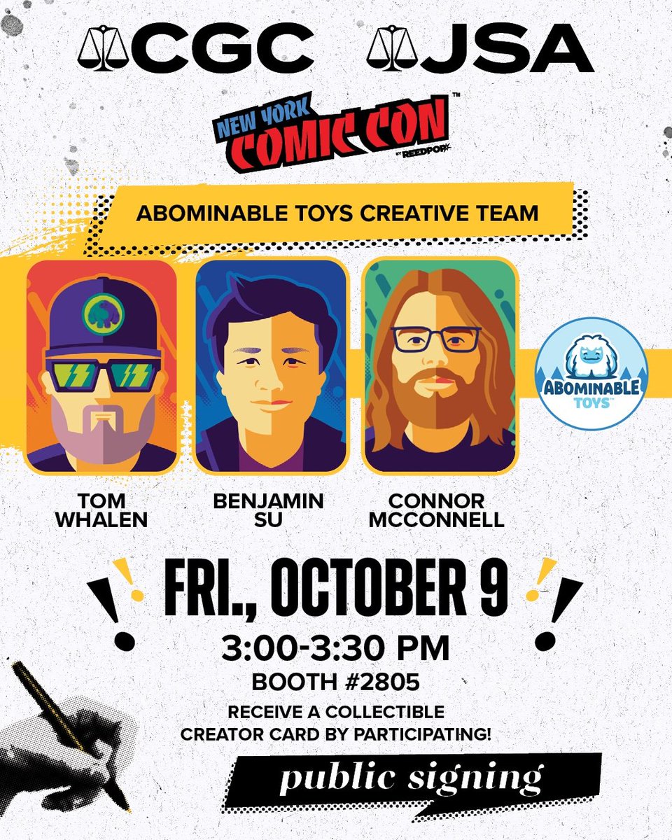 AbominableToys's tweet photo. Meet the Abominable Toys team at @newyorkcomiccon and get exclusive limited edition trading cards by Tom Whalen!

Benjamin Su, Connor McConnell, and Tom Whalen will be signing at @cgccomics booth #2805 Friday, October 9th from 3:00-3:30pm EST! https://t.co/XQO5vpGRSZ