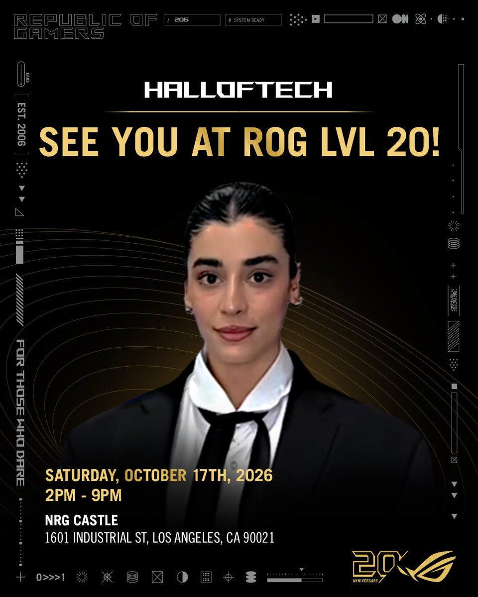 ASUS_ROGNA's tweet photo. Tech, gaming, and 20 years of ROG! Now that’s a celebration. 👀🔥⁣
⁣
We’re excited to have @hall_of_tech joining us at ROG LVL 20! 🎮⁣
⁣
From the gear we game on to the technology that keeps us pushing forward, ROG has been building for those who dare to do more. Now, we’re bringing the community together to celebrate the journey. ❤️⁣
⁣
📅 October 17, 2026⁣
📍 NRG Castle | Los Angeles, CA⁣
⁣
Ready to celebrate with us?⁣
🔗 RSVP through https://t.co/LIV2v18JSd⁣
⁣
20 years. One community. One LVL 20. 🎮❤️‍🔥⁣
⁣
#ROGLVL20 #ROG20thAnniversary #ForThoseWhoDare