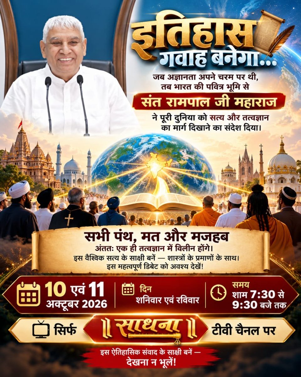 Sandeep07361177's tweet photo. #शास्त्रार्थ_का_शंखनाद_10_Oct
उसमें सृष्टि रचना का प्रमाण है। इसलिए आप देखना ना भूलें अगली डिबेट 10, 11 अक्टूबर (दिन शनिवार, रविवार) को शाम 7:30 से 9:30 बजे तक साधना टीवी चैनल पर।
50Lakh By Sant RampalJi https://t.co/QPTzdVk08C
