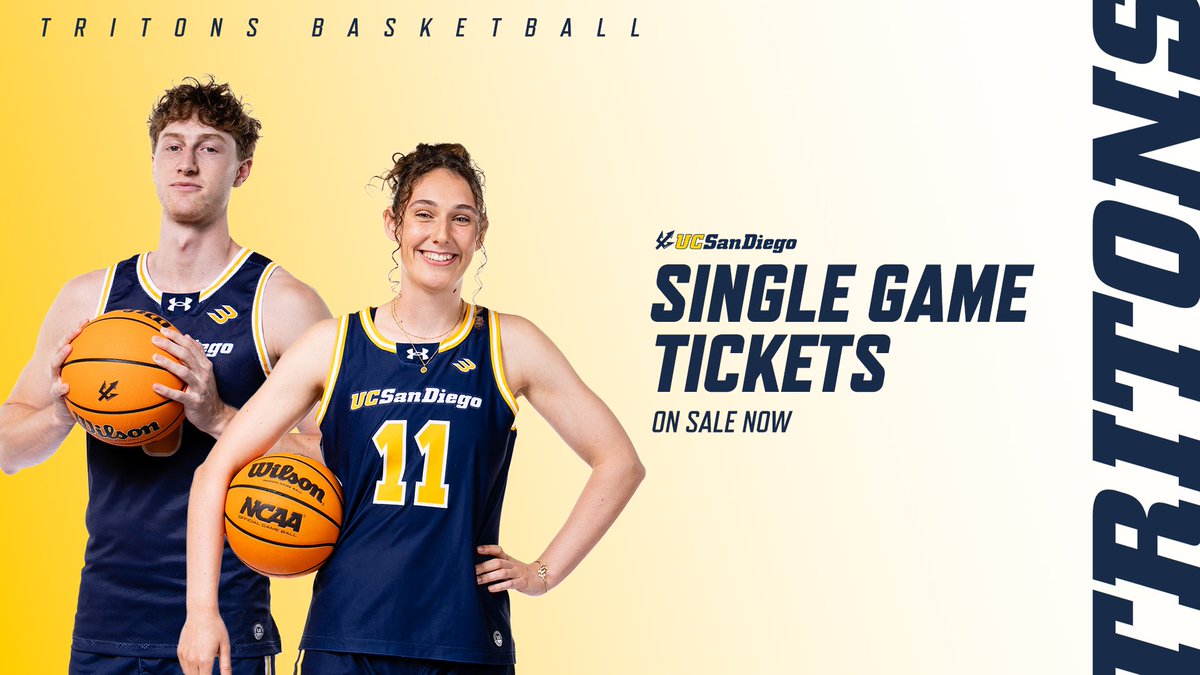 UCSDtritons's tweet photo. Single-game tickets for UC San Diego men’s and women’s basketball are ON SALE NOW!
 
Pick your games, bring your crew and get loud for the Tritons 🏀🔱

🎟️ Get your tickets: https://t.co/E92nuUn2wf
 
#GoTritons https://t.co/t6Ccucv5PG