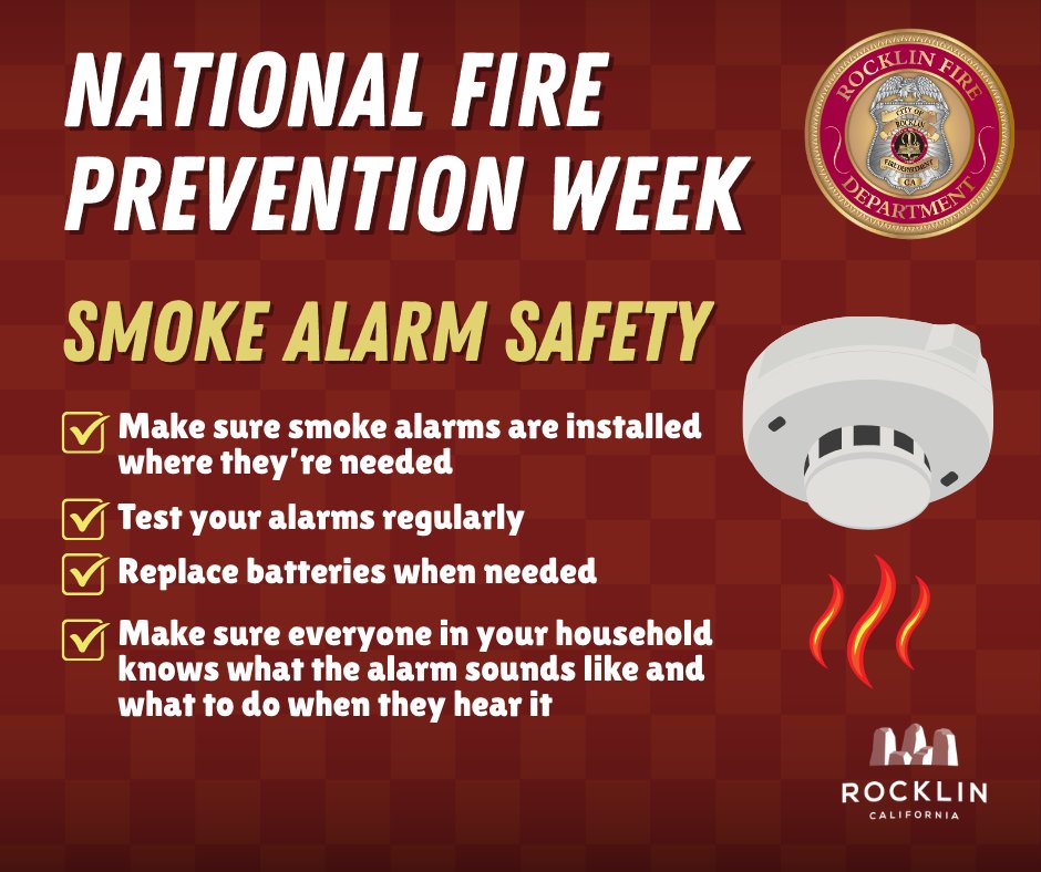 CityofRocklin's tweet photo. ๐จ When was the last time you checked your smoke alarms?
During Fire Prevention Week with the Rocklin Fire Department, take a few minutes to make sure the smoke alarms in your home are ready to do their job.
#FirePreventionWeek #RocklinFire #FireSafety #RocklinCA https://t.co/sD0xEUVRaA