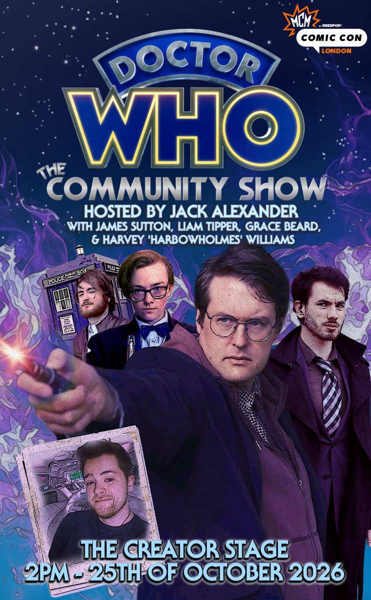 WhoCommunity's tweet photo. Heading to @mcmcomiccon? Check out Doctor Who: The Community Show! 

⏰ 2PM
🗓️Sunday 25th of May
📌The Creator Stage

Featuring @Sutton_Who_
,@SuddenBiscuit ,@GraceBeard17 and @HarboWholmes hosted by @An_awful_Jack

Join us for chats, quizzes and more! 

#mcmcomiccon #Doctorwho https://t.co/RNTiS17iHt