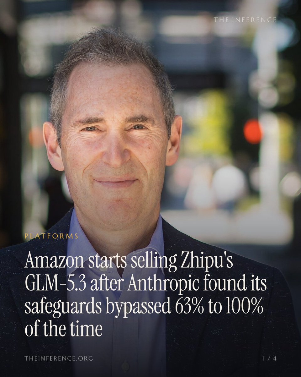 inference_org's tweet photo. Five days after Anthropic warned GLM-5.3's safeguards could be bypassed up to 100% of the time, AWS started selling the model on Bedrock. Amazon owns a fifth of Anthropic.

https://t.co/Ij1hFVTCJj https://t.co/AohJGwdsWZ