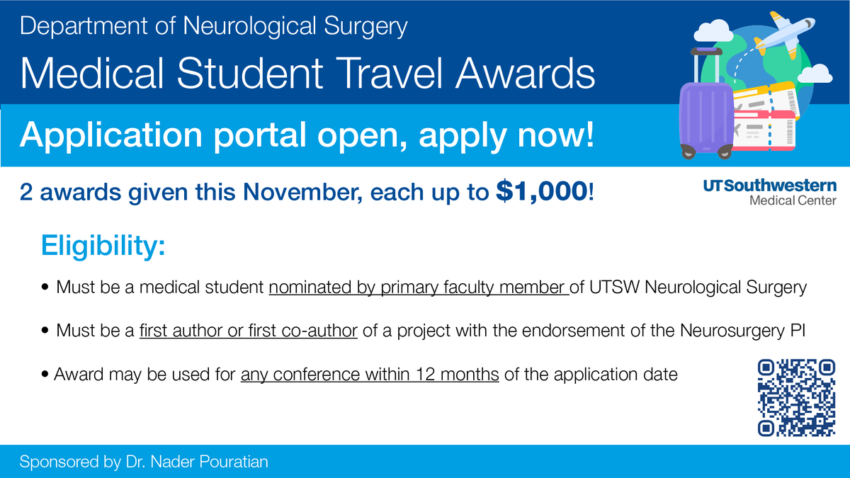 UTSWNeurosurg's tweet photo. UTSW Med Students in #Neurosurgery! The application portal for our travel award program, sponsored by @drpouratian, is now accepting applications for the 2 awards given this November, each up to $1,000. Apply now!  https://t.co/jxU5fSIduC @UTSWMedCenter @UTSWBrain https://t.co/NTZh3vCtkE