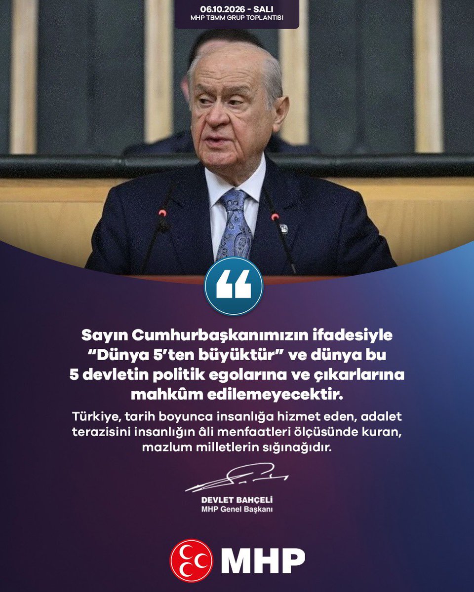 ayyildirim1's tweet photo. Sayın Cumhurbaşkanımızın ifadesiyle “Dünya 5’ten büyüktür” ve dünya bu 5 devletin politik egolarına ve çıkarlarına mahkûm edilemeyecektir.
Türkiye, tarih boyunca insanlığa hizmet eden, adalet terazisini insanlığın âli menfaatleri ölçüsünde kuran, mazlum milletlerin sığınağıdır.

MHP Genel Başkanı
Devlet BAHÇELİ