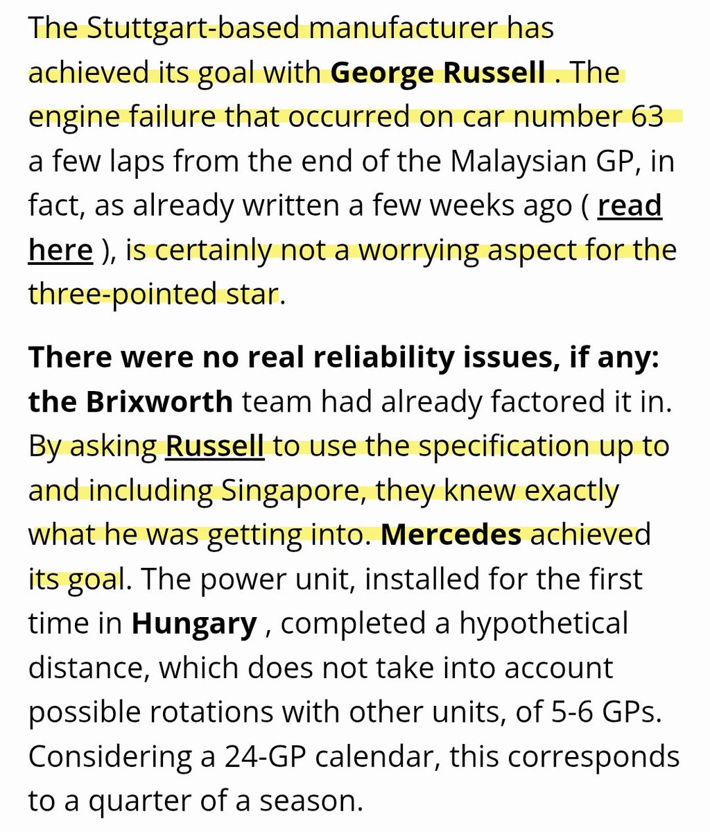 uruptosmth's tweet photo. at a loss of words...

what the article's saying: 

It was Mercedes' intention to use Russell's PU as the guinea pig to conduct a reliability test. 
The looming DNF was not of Mercedes' concern - it was deliberate data collection on the engine's lifespan. https://t.co/IcCLMZE0tN