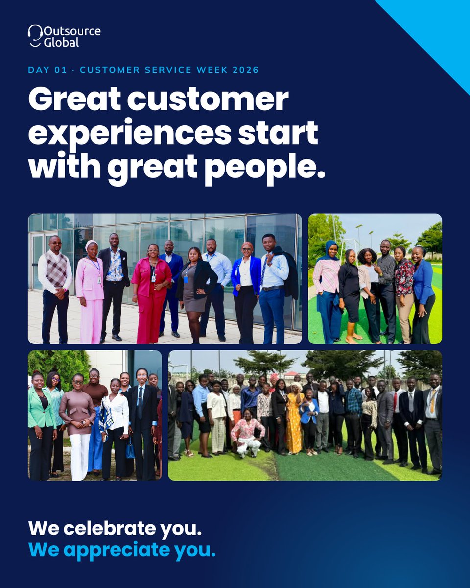 OutSourceGbl's tweet photo. Great customer experiences start with great people. 💙

It's #CustomerServiceWeek, and to every OGTL agent, team lead and support pro across our centres: we celebrate you. We appreciate you.

#CSWeek2026 #CX https://t.co/HwVrEe1vCb