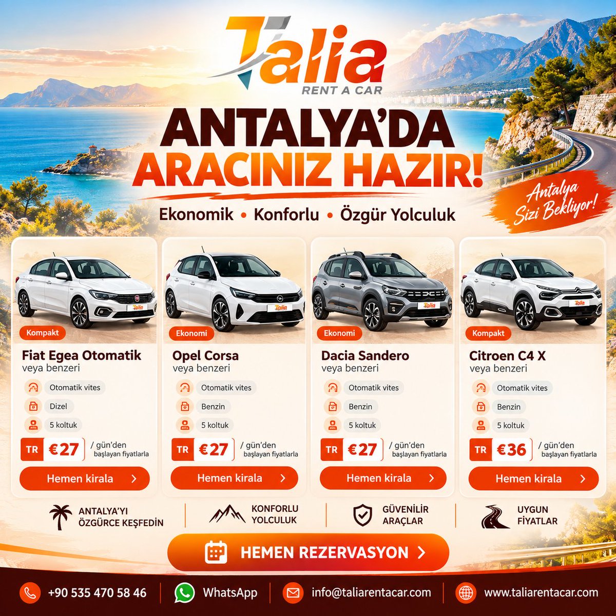 taliarentacar's tweet photo. 🚗Direksiyon sizde, keşif sizin!
🏖️Tatilinize güzel bir başlangıç yapın, Aracınızı seçin Akdeniz’in tadını çıkarın ✨
🎯Holiday Starts Here
🎖Experienced, Reliable, Best Price
📱 +90 532 560 88 49
📱 +90 535 470 58 46
@taliarentacar
#rentacar #carrental #antalya #türkiye https://t.co/S1WsH7mvOb