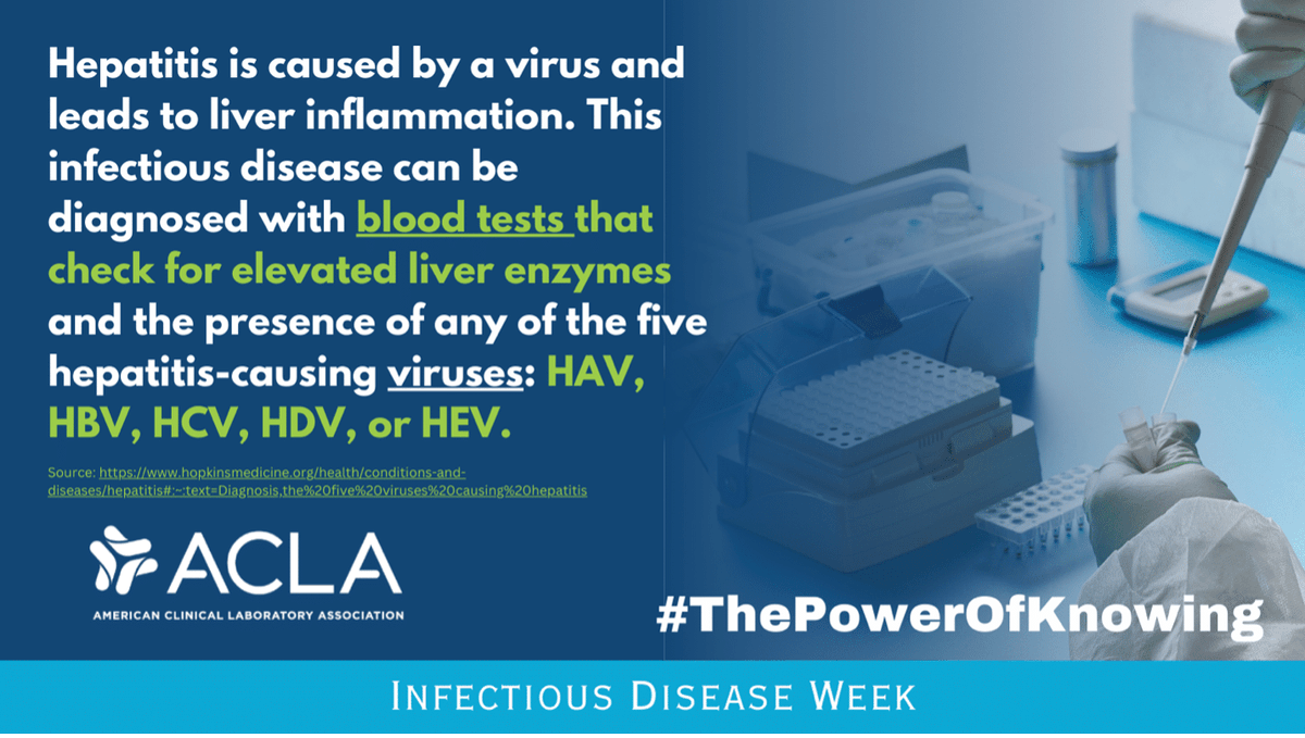 ACLAlabs's tweet photo. Blood tests can help diagnose hepatitis by detecting elevated liver enzymes and identifying hepatitis-causing viruses. Learn more about the role of clinical laboratory testing during #InfectiousDiseaseWeek: https://t.co/4CEIqXLIEf. #ThePowerofKnowing https://t.co/k84cniwHrt