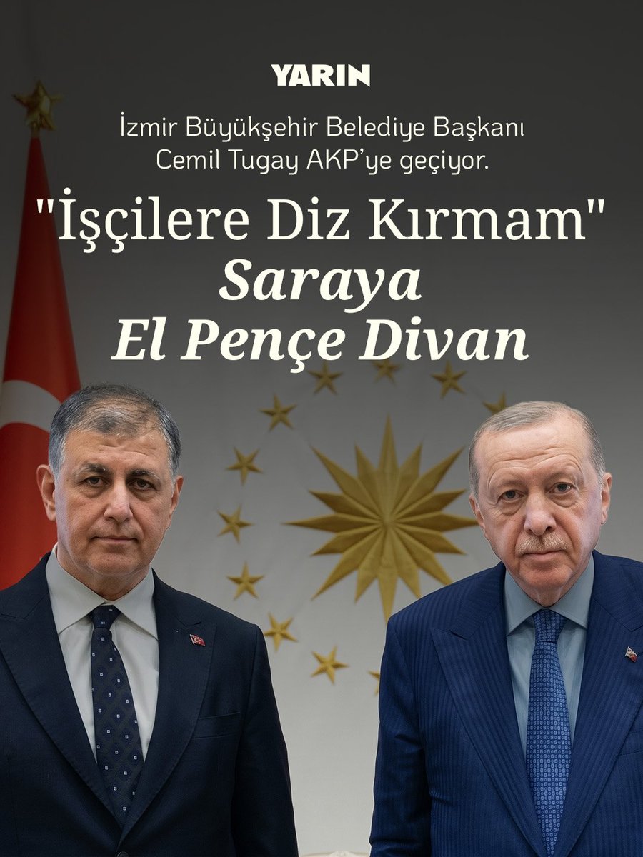 yarin_nettr's tweet photo. 🔎 "İşçilere Diz Kırmam" Saraya El Pençe Divan

Cemil Tugay AKP'ye geçiyor. Tugay'ı toplu sözleşme hakları için grev yapan İzmir belediyesi işçilerine karşı grev kırıcılığı yapmasından tanıyoruz.

İşçilere diz çökmeyeceklerini söyleyenler, işçileri savunanlara "bu AKP'ye yarar" diye kızanlar bugün Cemil Tugay'ın AKP'ye geçmesi karşısında ne diyor?

Muhalefet İzmir örneğinden ders çıkaracak mı? Her olayda egemenden yana tutum alanlar el üstünde tutulmaya devam edilecek mi?

#YarınHaber

🔗https://t.co/wcFem0t1GD
