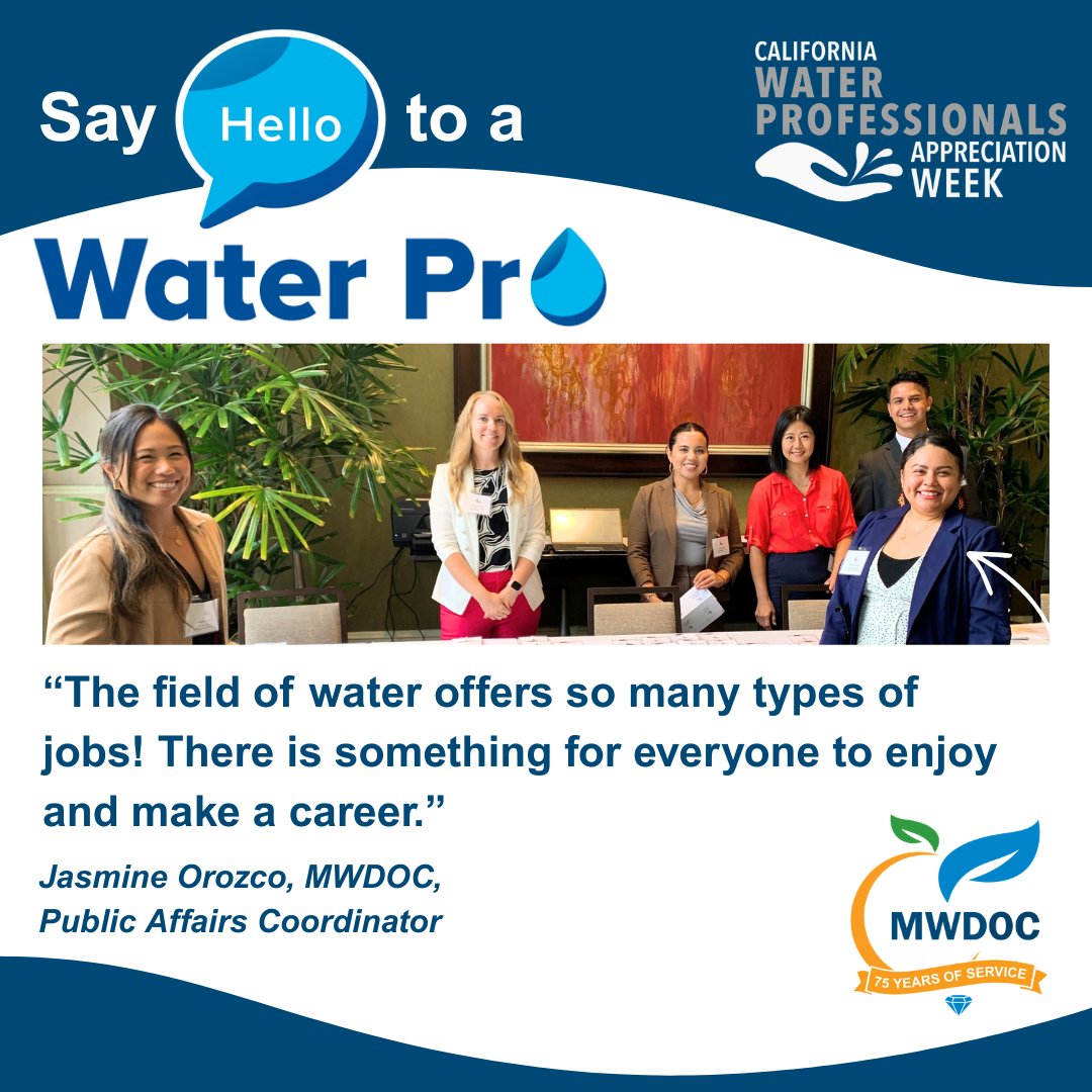 MWDOC's tweet photo. 💧 Say Hello to a Water Pro! Meet Jasmine Orozco, Public Affairs Coordinator, on our Public Affairs team. She loves working in water!

Stay connected with MWDOC: https://t.co/U8eIJd0tbo

#WaterProfessionalsAppreciationWeek #WaterPros #WPAW #WorkinWater https://t.co/zY0grZcCqb