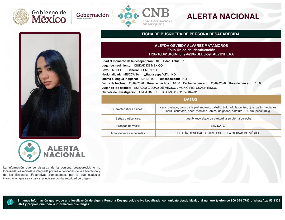 MetroCDMX's tweet photo. Si tienes información para localizar a las siguientes personas: 

* Aleyda Osveidy Álvarez Matamoros 
* Diana Karen Zeferino Balderas
* Mariana Geraldine Quijano Molina
* Esteban Rafael Favela Rivera

Comunícate con la Comisión de @Busqueda_MX, mediante el número telefónico:
☎️ 800 028 7783 

Agradecemos tu apoyo y colaboración. #AlertaNacionalDeBúsqueda