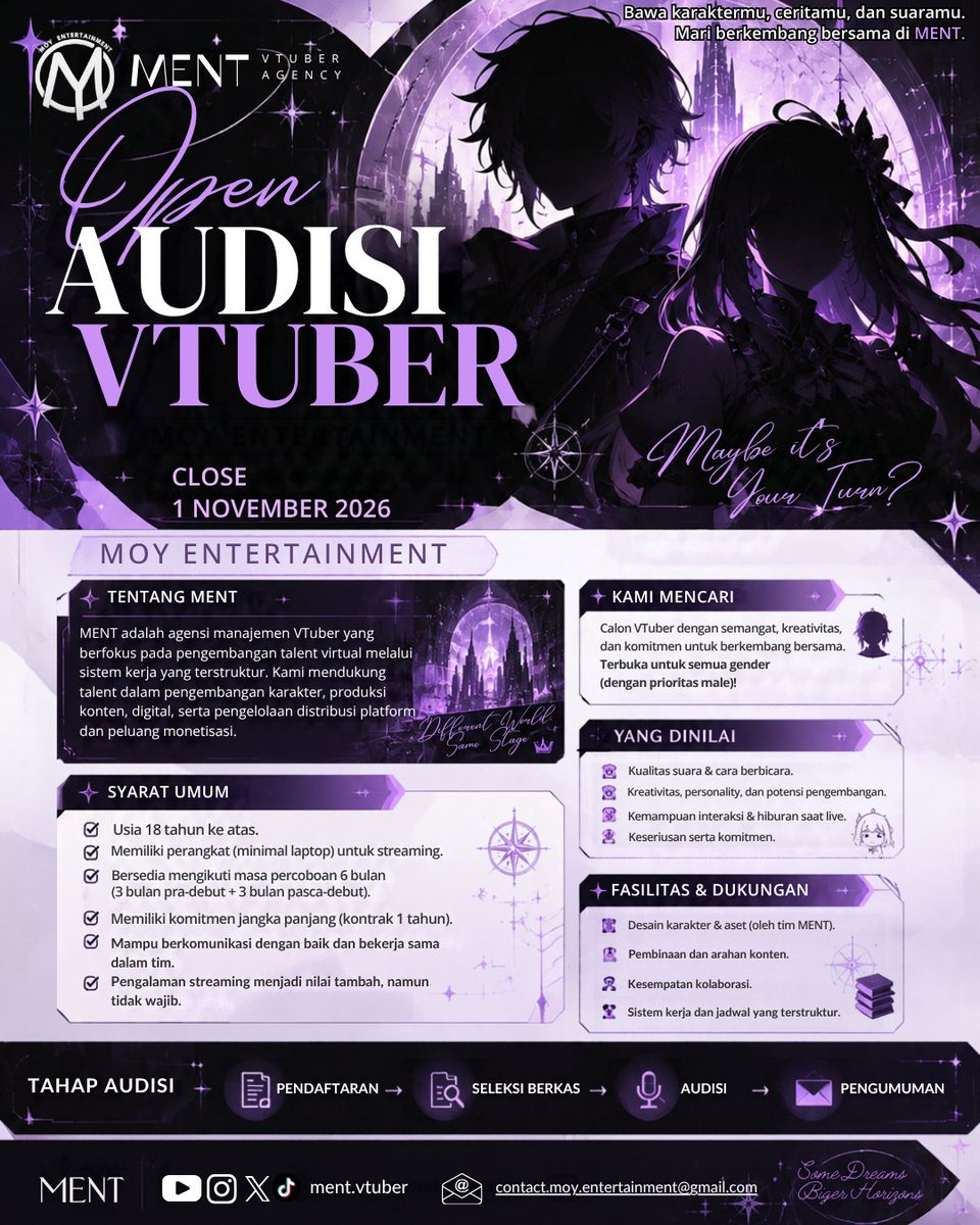 ment_vtuber's tweet photo. 🔮 MENT VTUBER AUDITION — OPEN
✦ Karakter &amp; identitas disediakan MENT
✦ 100% online/remote
✦ Training &amp; management support
✦ Sistem kompensasi bagi hasil
✦ Pendaftaran GRATIS
📝 Daftar: https://t.co/ryvK9UeuXm
MENT — Moy Entertainment

#MENT #VTuber #VTuberAudition #VTuberID https://t.co/HUQNY41XaC