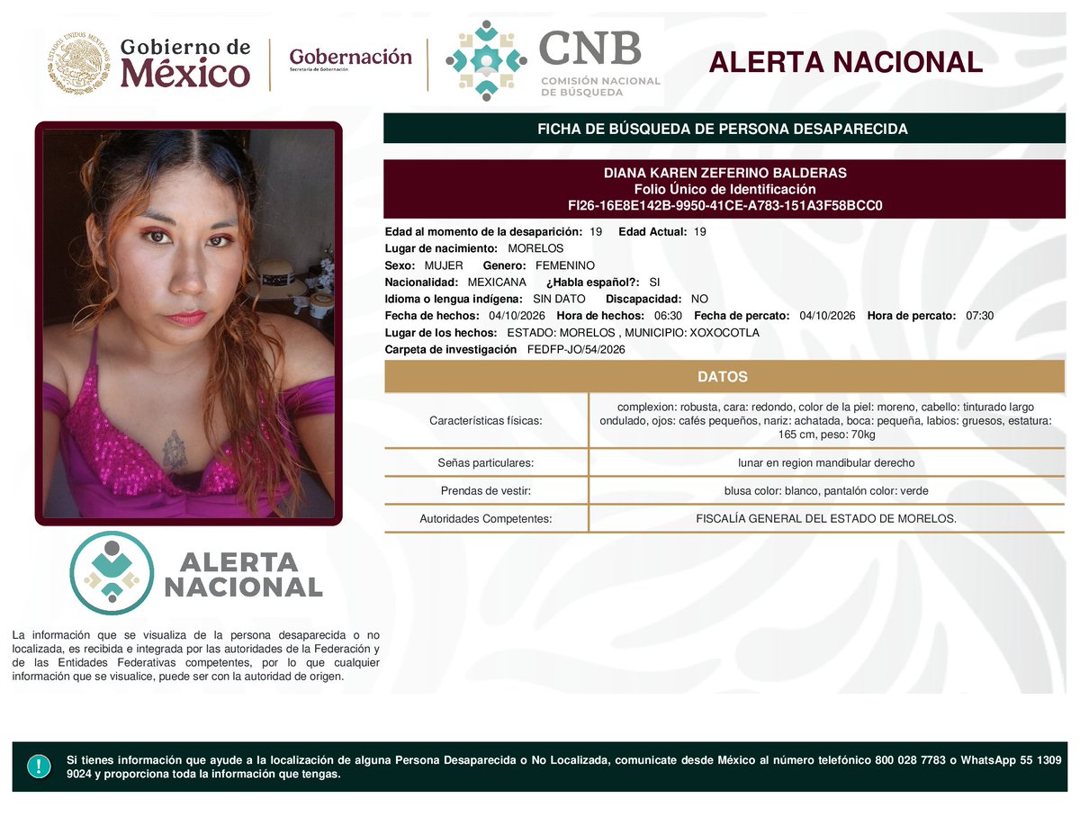 MetroCDMX's tweet photo. Si tienes información para localizar a las siguientes personas: 

* Aleyda Osveidy Álvarez Matamoros 
* Diana Karen Zeferino Balderas
* Mariana Geraldine Quijano Molina
* Esteban Rafael Favela Rivera

Comunícate con la Comisión de @Busqueda_MX, mediante el número telefónico:
☎️ 800 028 7783 

Agradecemos tu apoyo y colaboración. #AlertaNacionalDeBúsqueda