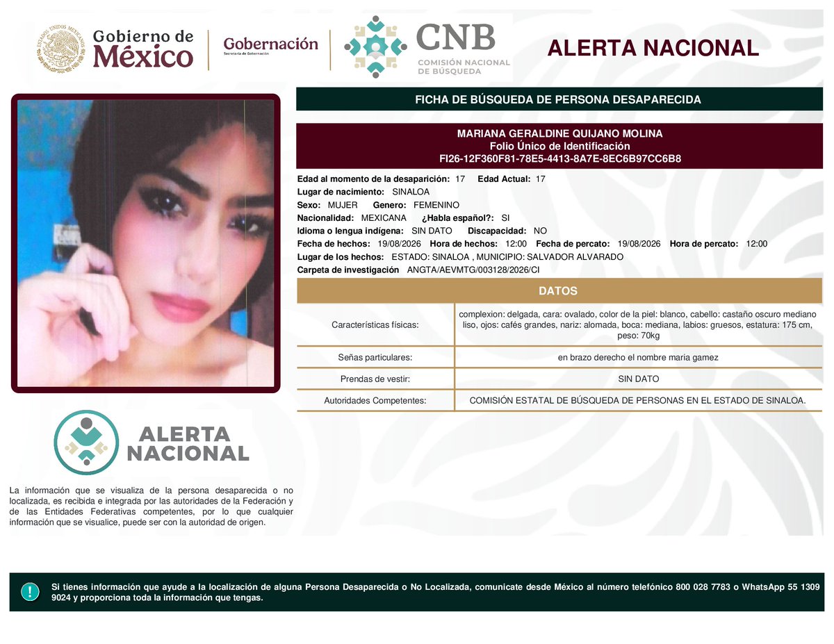 MetroCDMX's tweet photo. Si tienes información para localizar a las siguientes personas: 

* Aleyda Osveidy Álvarez Matamoros 
* Diana Karen Zeferino Balderas
* Mariana Geraldine Quijano Molina
* Esteban Rafael Favela Rivera

Comunícate con la Comisión de @Busqueda_MX, mediante el número telefónico:
☎️ 800 028 7783 

Agradecemos tu apoyo y colaboración. #AlertaNacionalDeBúsqueda