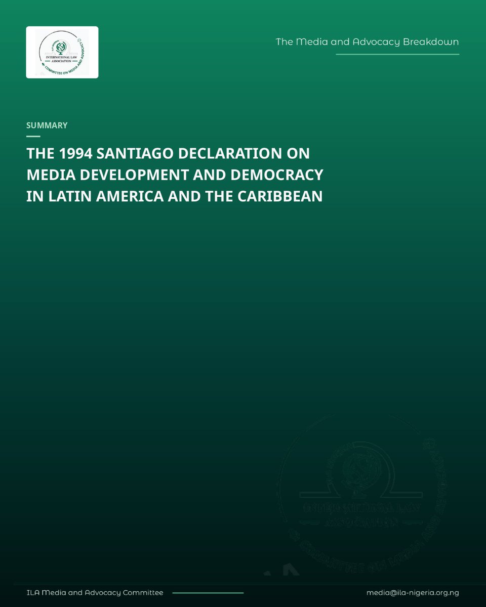 MAC_ILANIG's tweet photo. In 1994, media professionals from across Latin America and the Caribbean gathered in Santiago, Chile, continuing the growing international conversation on media freedom, independence and pluralism.
#ILANigeria #MediaAndAdvocacy #SantiagoDeclaration https://t.co/fIYVUCFUBc