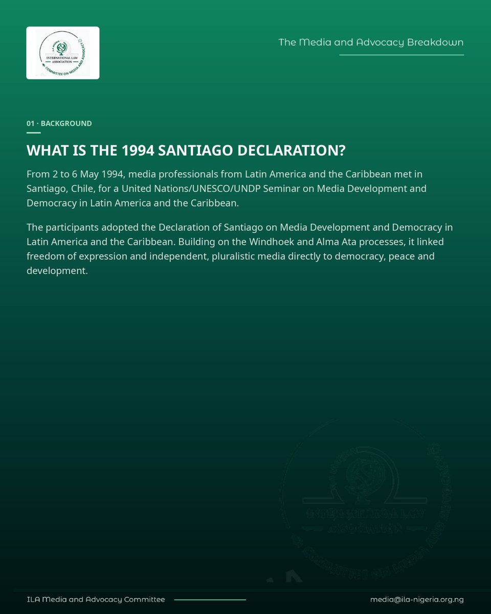 MAC_ILANIG's tweet photo. In 1994, media professionals from across Latin America and the Caribbean gathered in Santiago, Chile, continuing the growing international conversation on media freedom, independence and pluralism.
#ILANigeria #MediaAndAdvocacy #SantiagoDeclaration https://t.co/fIYVUCFUBc