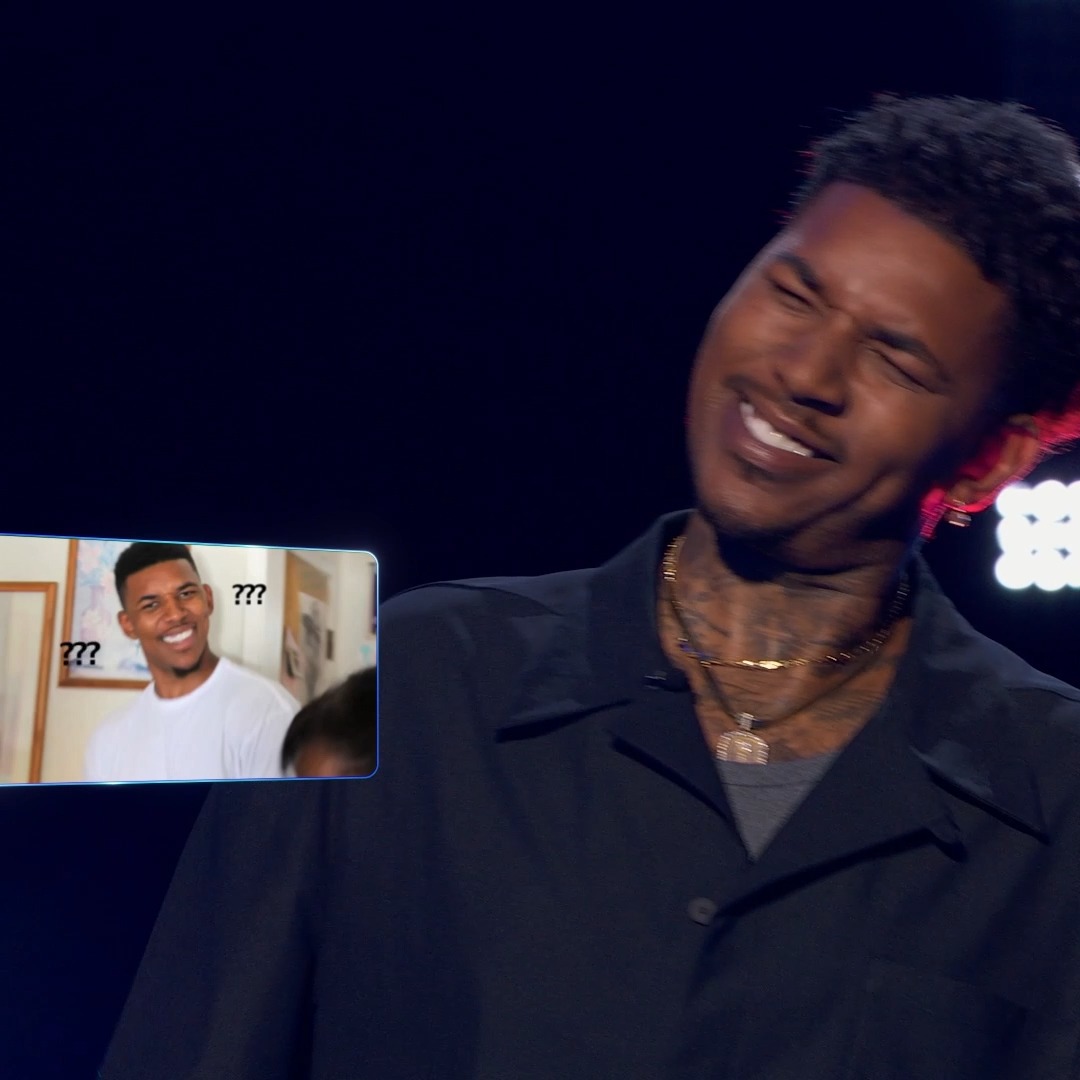 A man in a dark jacket laughs with his eyes closed while a smaller inset image shows another smiling man with '???' next to him.