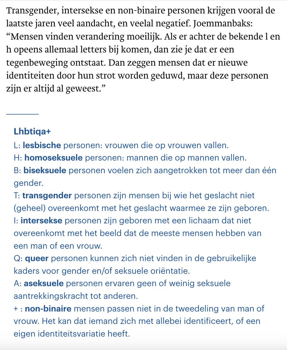 EdelGeertje's tweet photo. Trouw wil Movisie ons de les laten lezen. Even een correctie:

Er zijn mensen die zich seksueel aangetrokken voelen tot het andere geslacht, hetzelfde geslacht of beide geslachten.

Daarnaast zijn er mensen die geloven dat ze het andere geslacht zouden moeten zijn, en dat proberen te bevestigen met kleding, hormonen en/of operaties.

Genderidentiteit is een politiek construct en een ontoetsbaar idee. Mensen zijn mannen of vrouwen, en geen mens wordt geboren in een 'verkeerd lichaam'. Je zit ook niet in je lichaam, je bént je lichaam.

Er zijn ook mensen met DSD's, disorders of sex development. Deze mensen zijn nog steeds mannen of vrouwen, maar hebben een aangeboren stoornis in hun geslachtsontwikkeling. Het mannelijke of het vrouwelijke pad kan verstoord worden doordat het lichaam een gen- hormoon of -receptordefect heeft.

Er zijn mensen die geen onderscheid willen of kunnen maken tussen gedrag, gedachten, gevoelens en hun lichaam, en identiteitspolitiek bedrijven. Die mensen noemen zich bijvoorbeeld queer of non-binair. Queer en non-binair zijn politieke ideeën.

Lhbtiqa+ is een politiek construct dat door radicaal-linkse identiteitspolitieke groepen is bedacht en wordt gebruikt. Het is een machtskeuze voor een overheid, een krant of wat voor instituut/institutie dan ook om mensen zo te categoriseren. 

Er is dus ook niet zoiets als lhbtiqa+-acceptatie, en er zijn geen lhbtiqa+-groepen. Mensen met een gedeelde eigenschap (zoals bijvoorbeeld seksuele oriëntatie) vormen niet automatisch een gemeenschap. Zeggen dat er een lhbtiqa+-gemeenschap bestaat, of nog erger: een "queer-gemeenschap", is een manier om mensen weg te zetten als slachtoffers of als buiten de samenleving.

Movisie is geen neutraal 'kennisinstituut' maar een politieke organisatie met radicale ideeën die heel veel belastinggeld krijgt om overheden te adviseren. Movisie heeft hierdoor definitiemacht. Die macht misbruiken ze door hun meningen als feiten te presenteren. 

Trouw-artikel: https://t.co/AGpTXocuxH

Heb je een kind op de basisschool? Check dan wat je kind wordt geleerd: https://t.co/wR421Pdn9Z