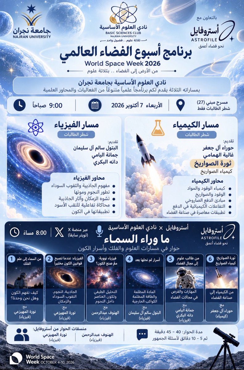 ScienceClub_NU's tweet photo. ✨ بعد ختام فعاليات اليوم الأول من #أسبوع_الفضاء_العالمي
نكمل رحلتنا غدًا الأربعاء مع مساري الفيزياء والكيمياء، ثم نختم اليوم بحوار «ما وراء السماء» بالتعاون مع أستروفايل 🌌🔭@Astrophile_AR @Nalmohizai @hanov__i 
ننتظركم في يومٍ علمي جديد 🤍
ثلاثة علوم… فضول واحد🌟 https://t.co/uBVaMxDmRD